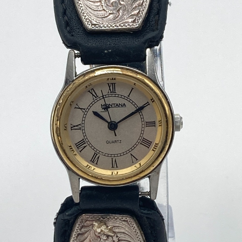 Montana Silversmiths Womens Watch Silver Gold Tone Western Cuff Leather New Batt